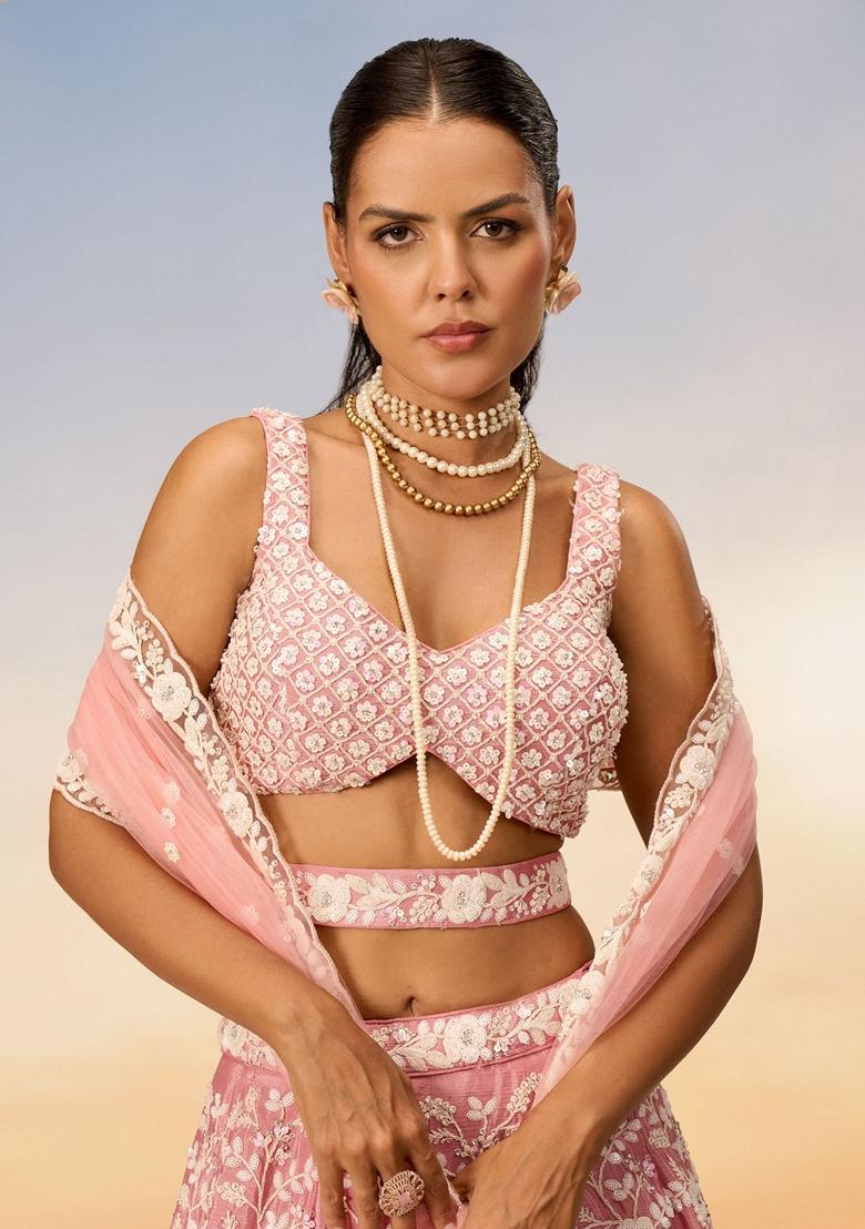 Peach Sequin Embroidered Georgette Lehenga Set