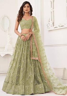 Green Sequin Embroidered Net Lehenga Set