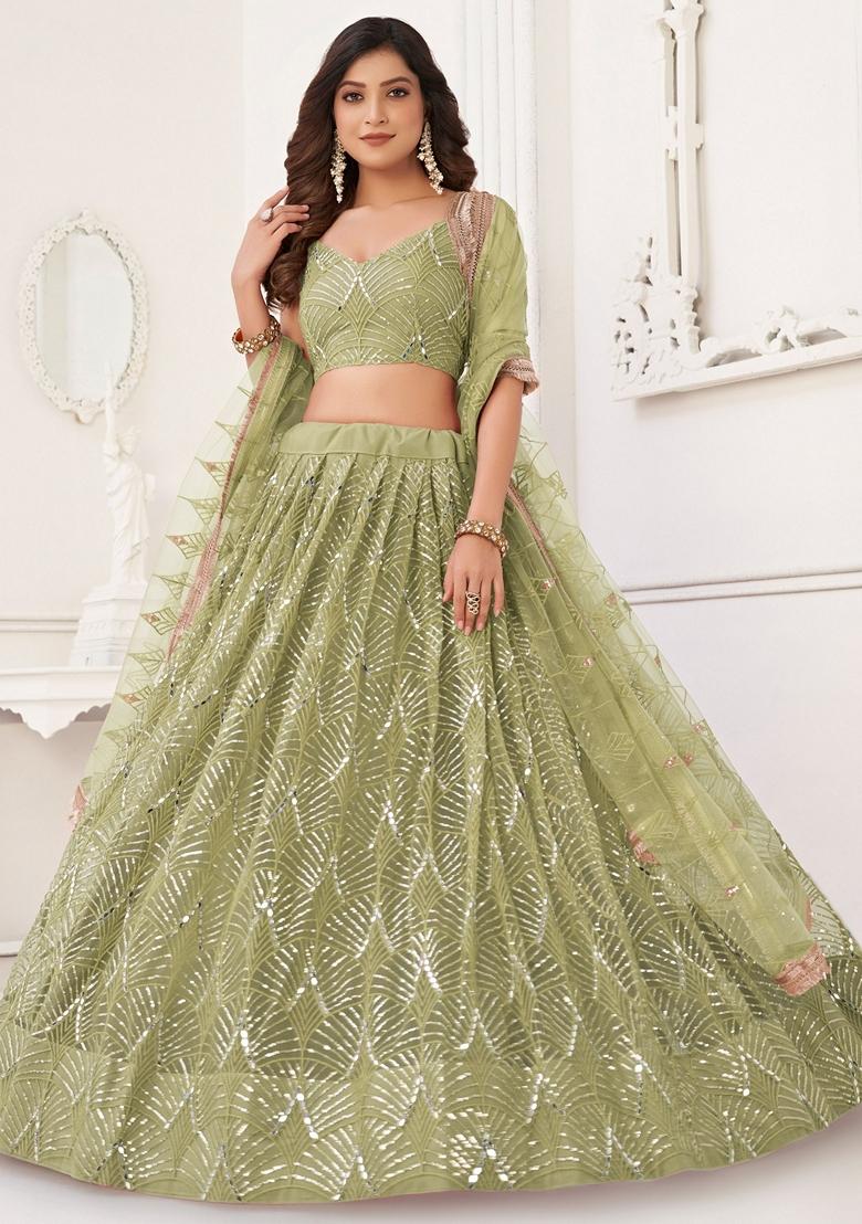 Green Sequin Embroidered Net Lehenga Set