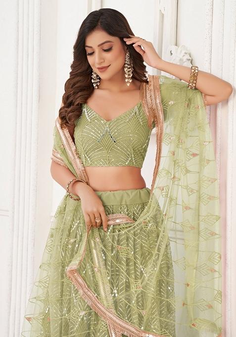 Alluring Green Lehenga Style Embroidered Festive Dress