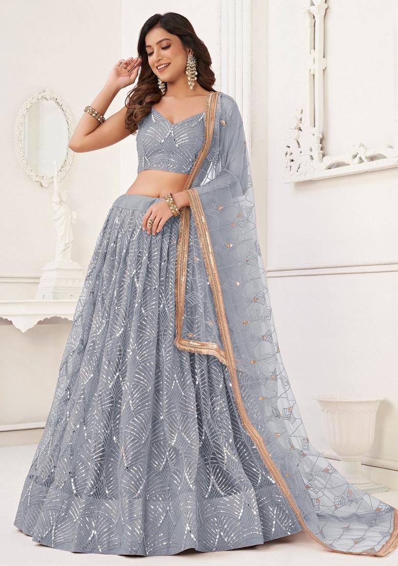 Grey Embroidered Net Lehenga Set