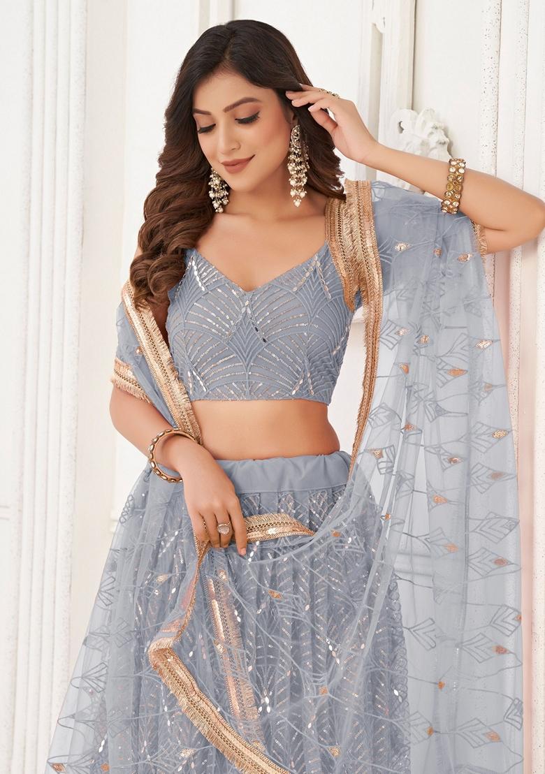 Grey Embroidered Net Lehenga Set