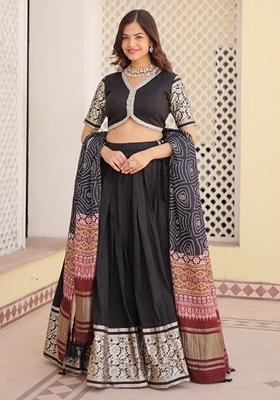 Black Jacquard Print Silk Lehenga Set