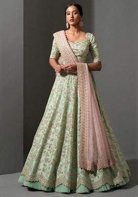 Green Embroidered Silk Lehenga Set