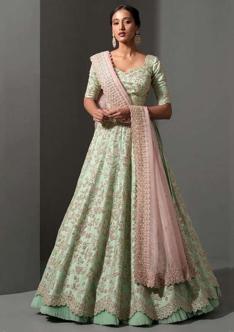 Green Embroidered Silk Blend Lehenga Set for Diwali and Festive Wear - Indya