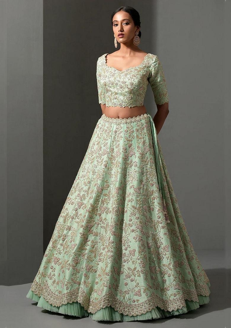 Green Embroidered Silk Lehenga Set