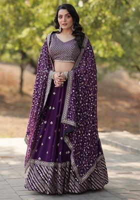 Purple Embroidered Georgette Lehenga Set