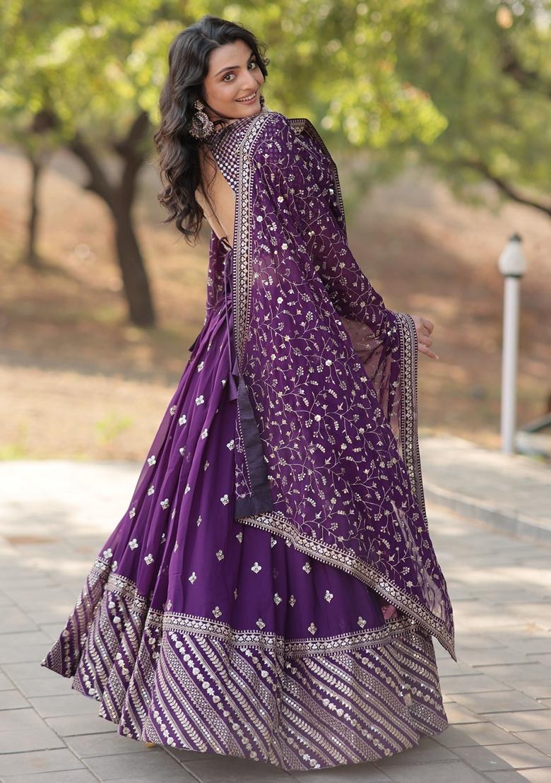 Purple Embroidered Georgette Lehenga Set