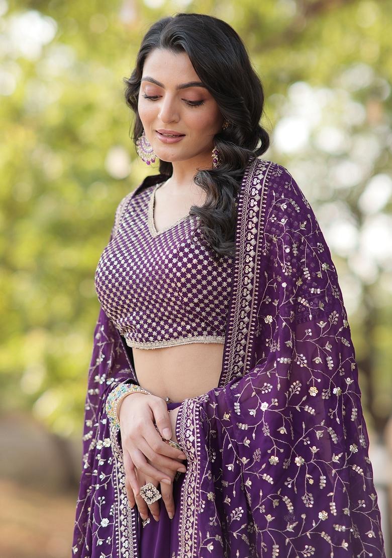 Purple Embroidered Georgette Lehenga Set