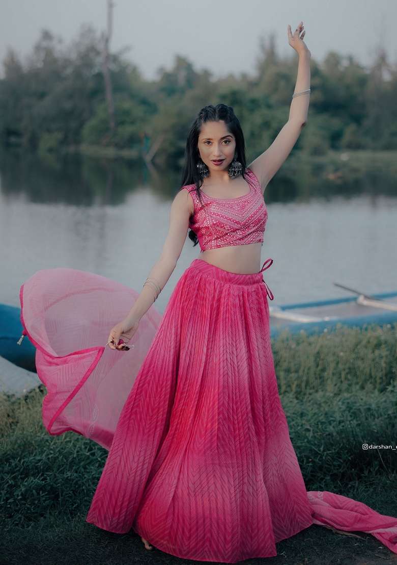 Pink Digital Print Organza Lehenga Set for Diwali and Festive Wear - Indya