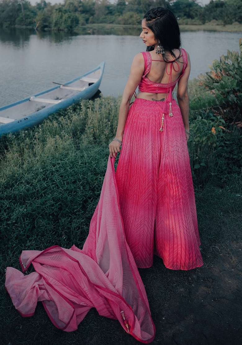Pink Digital Print Organza Lehenga Set for Diwali and Festive Wear - Indya