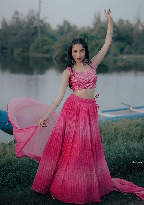 Pink Digital Print Organza Lehenga Set