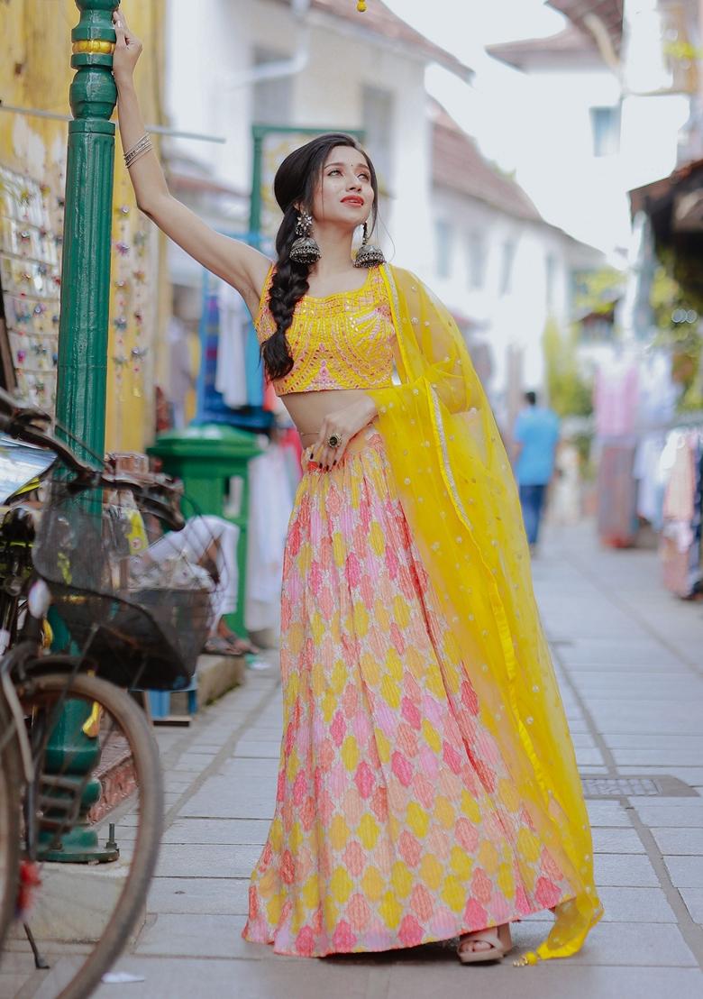 Yellow Printed Organza Lehenga Set