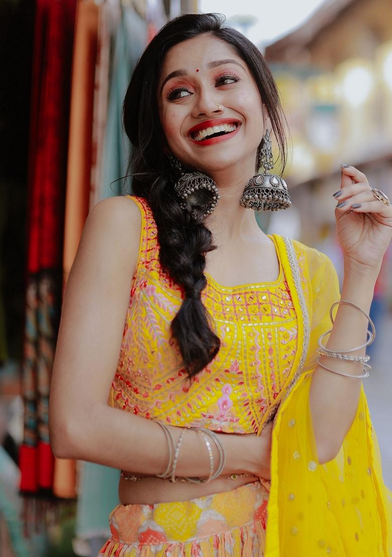 Yellow Printed Organza Lehenga Set
