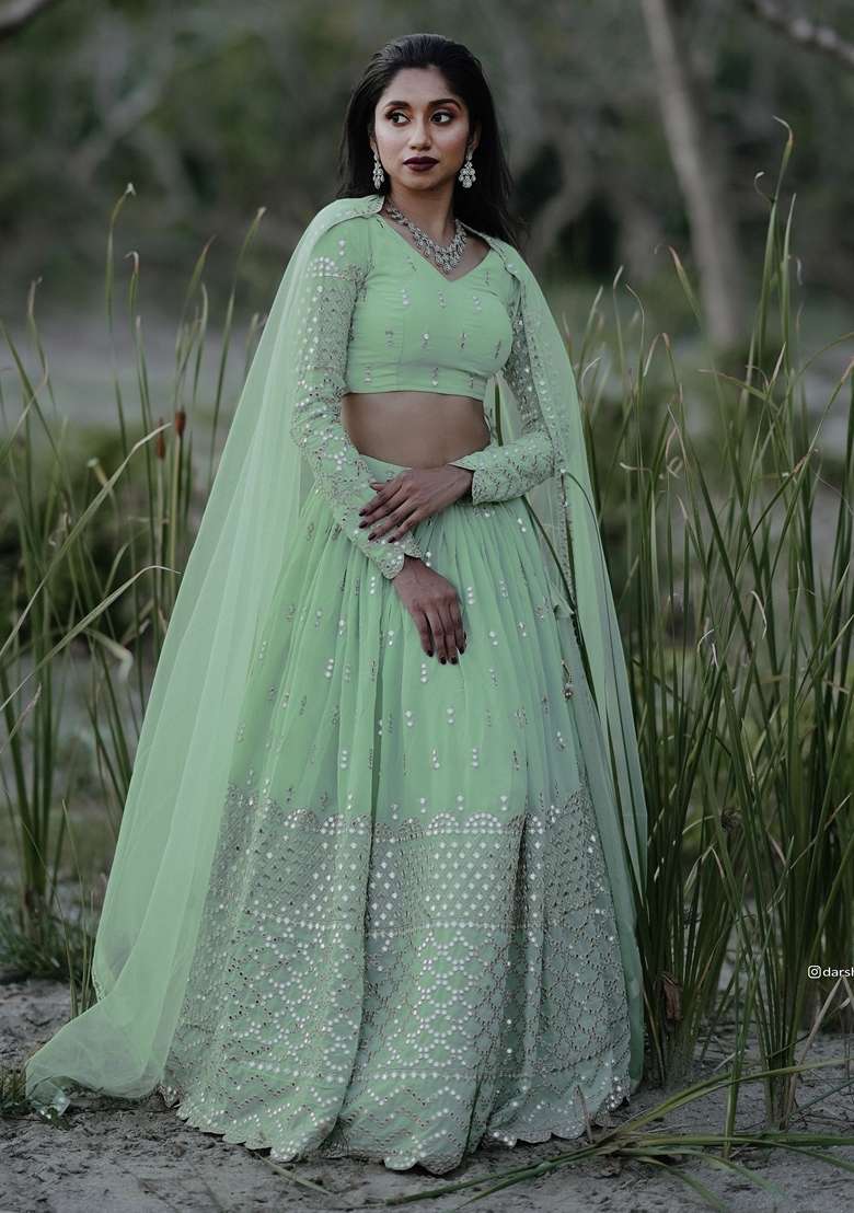 Green Georgette Lehenga Set with Embroidered & Sequin for Diwali | Wedding & Festive Wear - Indya