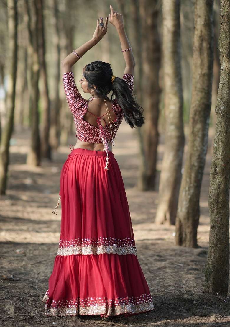 Red Georgette Lehenga Set with Embroidered & Sequin for Diwali | Wedding & Festive Wear - Indya