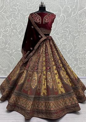 Maroon Embroidered Velvet Lehenga Set