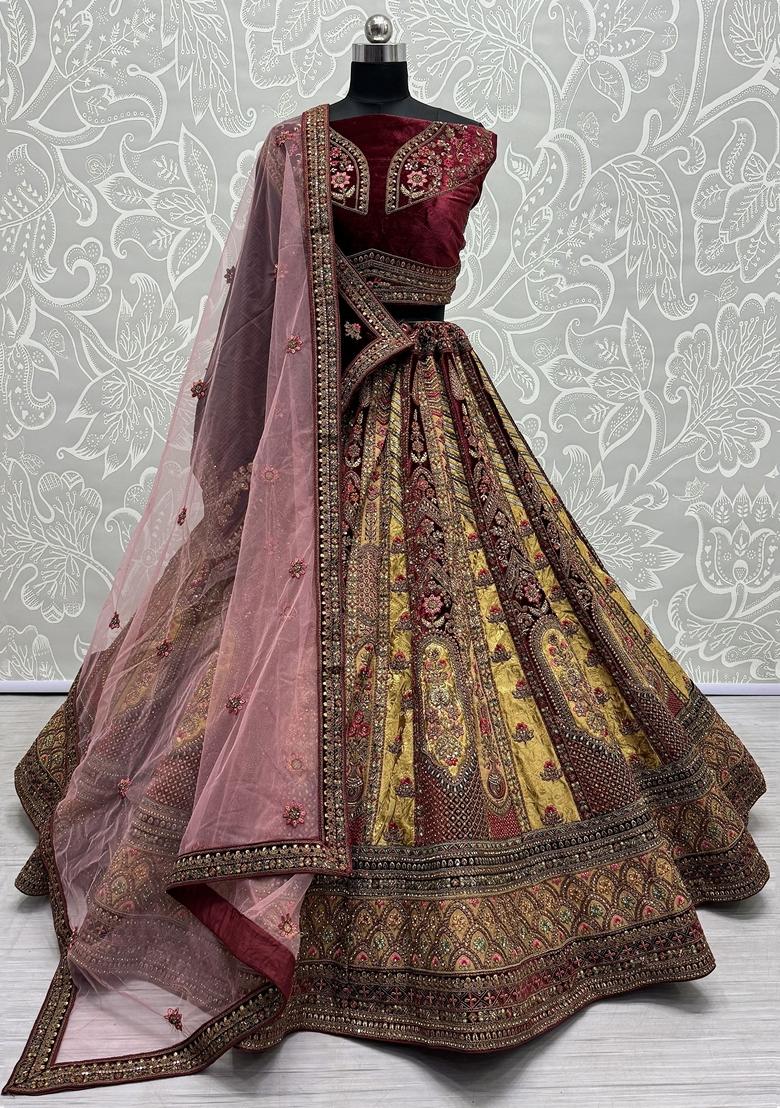 Maroon Embroidered Velvet Lehenga Set