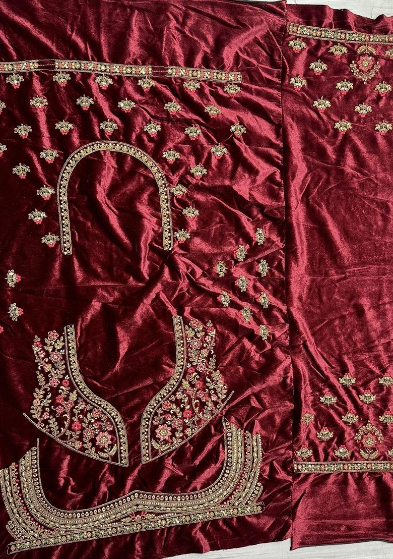 Maroon Embroidered Velvet Lehenga Set