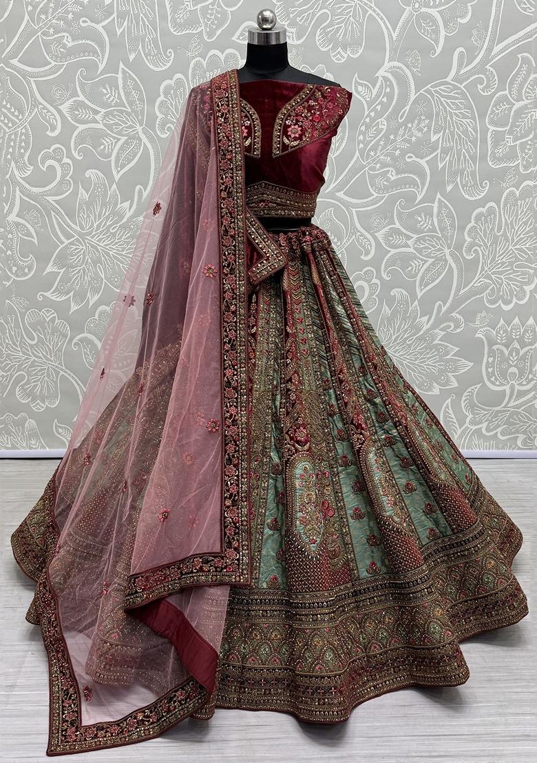Maroon Embroidered Velvet Lehenga Set