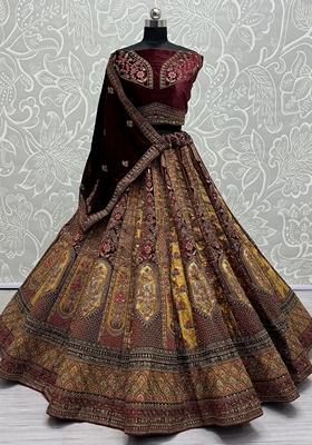 Maroon Embroidered Velvet Lehenga Set