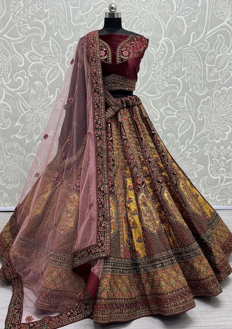 Maroon Embroidered Velvet Lehenga Set