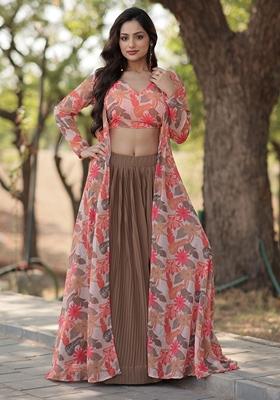 Beige Embroidered Georgette Lehenga Set