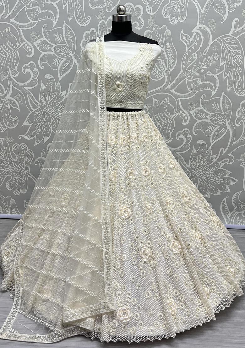 White Sequin Embroidered Net Lehenga Set