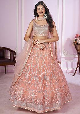 Peach Sequin Embroidered Net Lehenga Set