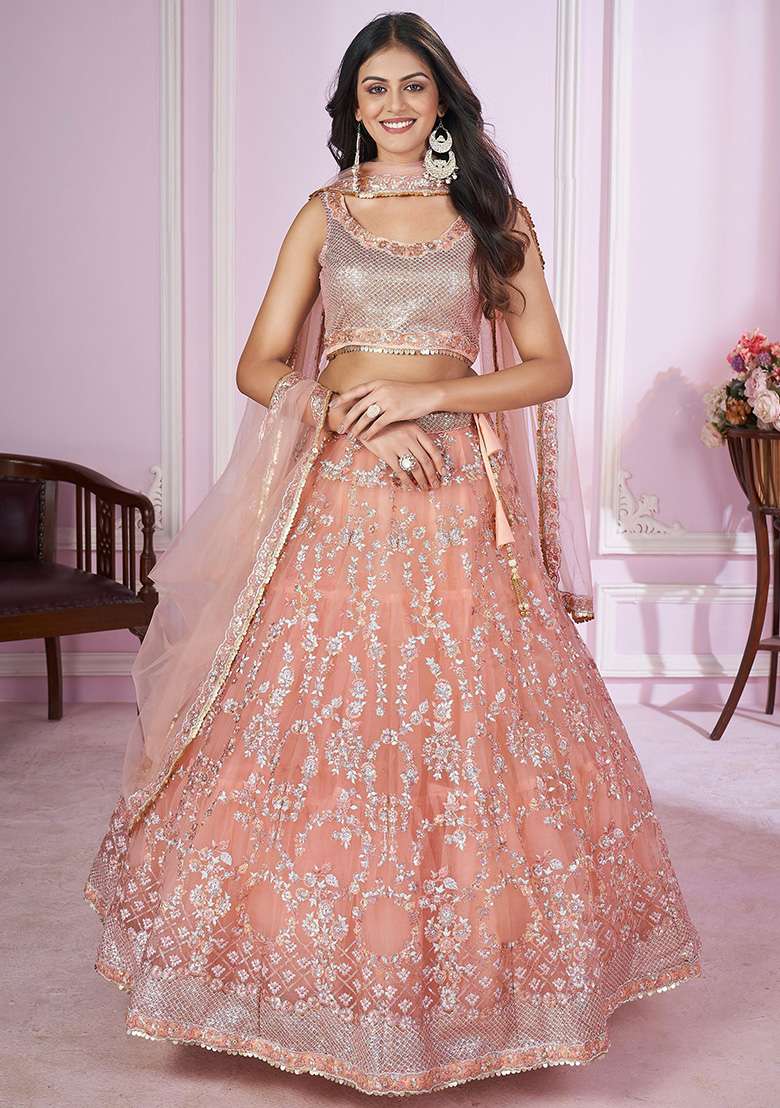 Peach Net Lehenga Set with Embroidered & Sequin for Diwali | Wedding & Festive Wear - Indya