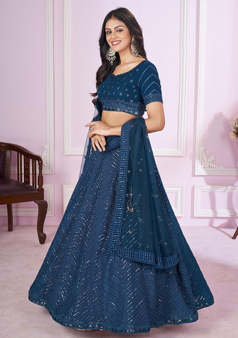 Blue Sequin Embroidered Georgette Lehenga Set