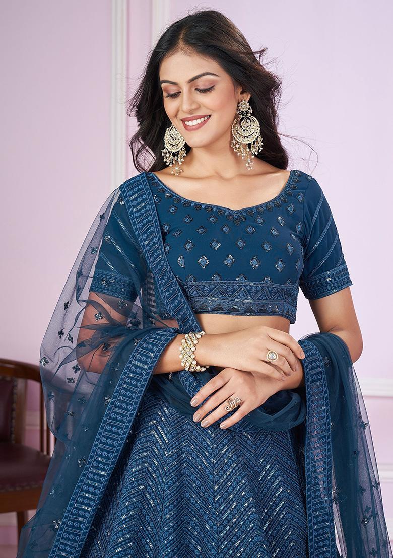 Blue Sequin Embroidered Georgette Lehenga Set