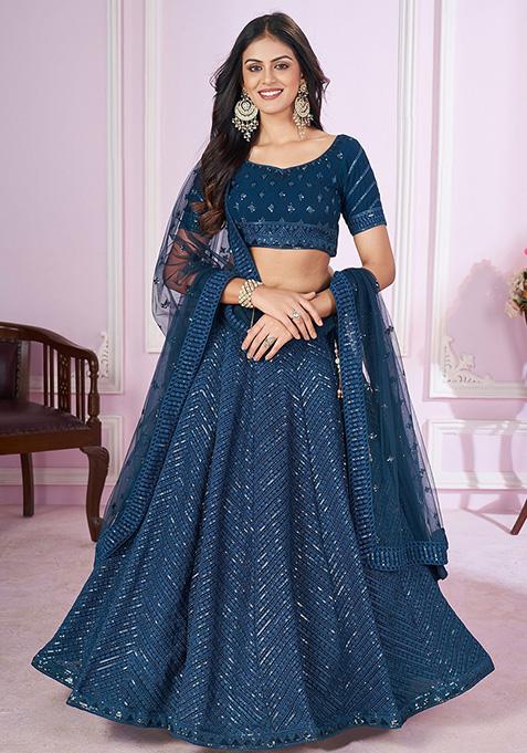 Blue Sequin Embroidered Georgette Lehenga Set