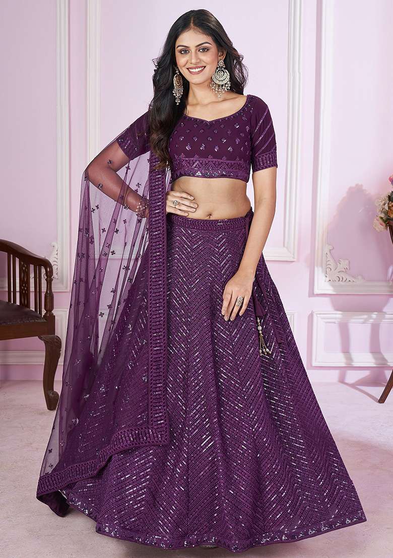 Purple Sequin Embroidered Georgette Lehenga Set for Diwali and Festive Wear - Indya