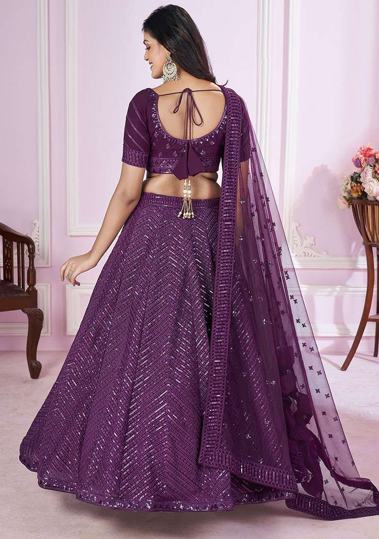 Purple Sequin Embroidered Georgette Lehenga Set for Diwali and Festive Wear - Indya