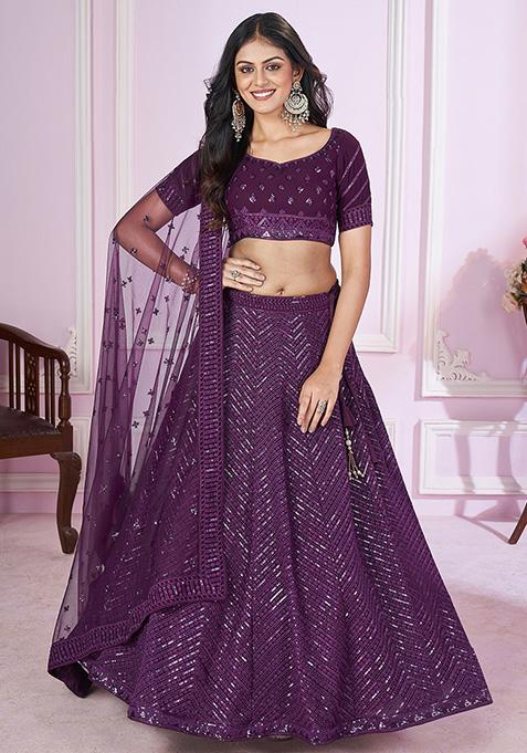 Purple Sequin Embroidered Georgette Lehenga Set