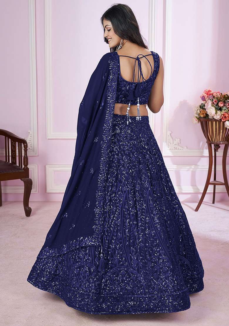 Navy Blue Georgette Lehenga Set with Embroidered & Sequin for Diwali | Wedding & Festive Wear - Indya