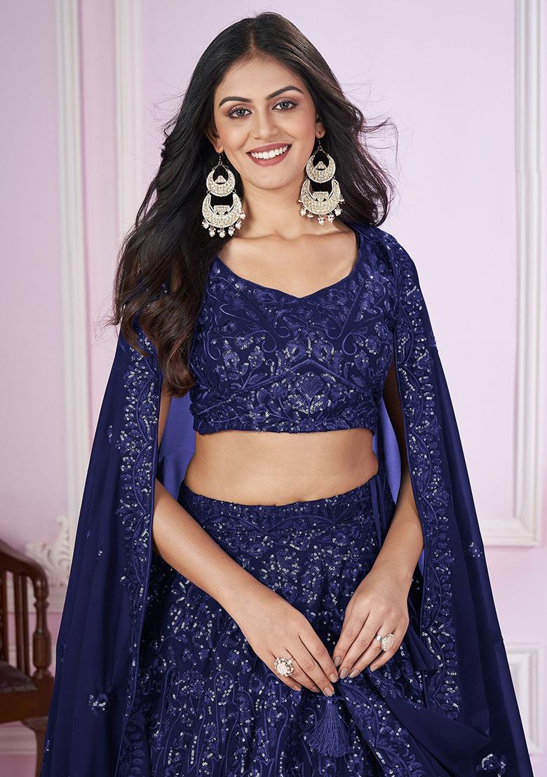 Navy Blue Sequin Embroidered Georgette Lehenga Set