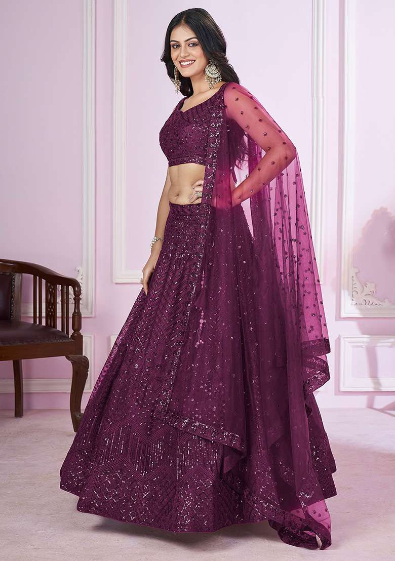 Purple Net Lehenga Set with Embroidered & Sequin for Diwali | Wedding & Festive Wear - Indya