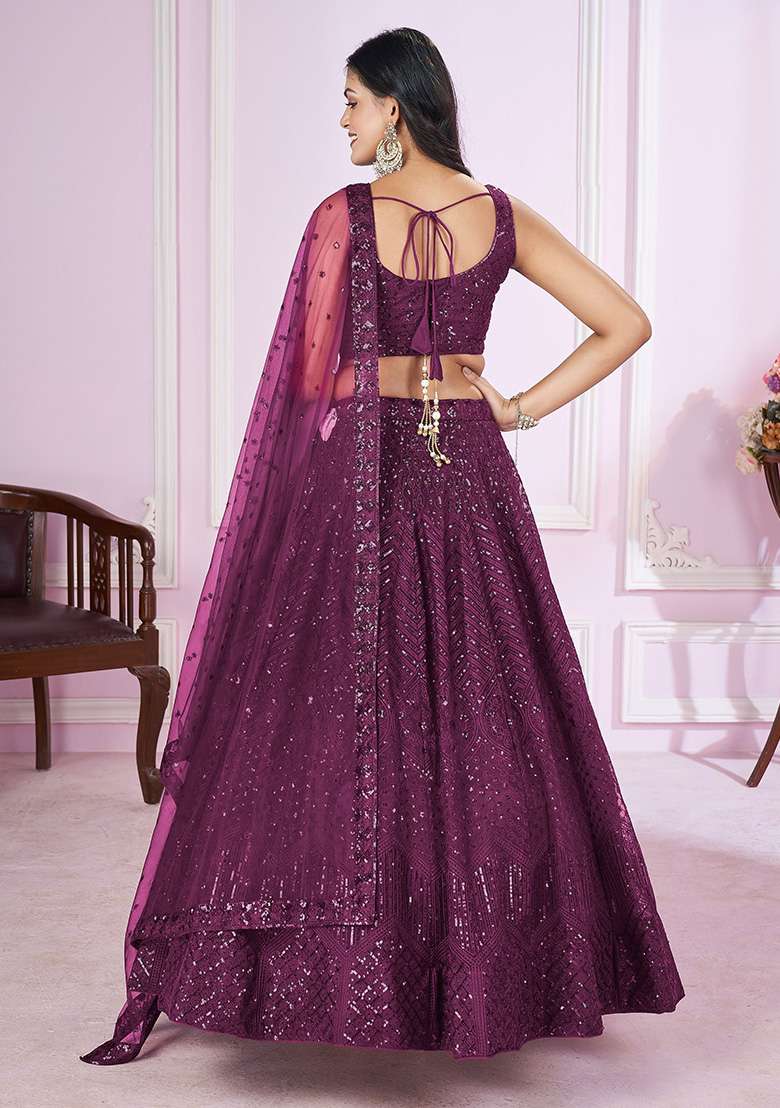 Purple Net Lehenga Set with Embroidered & Sequin for Diwali | Wedding & Festive Wear - Indya