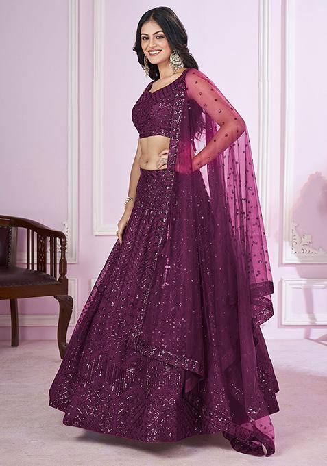 Purple Sequin Embroidered Net Lehenga Set