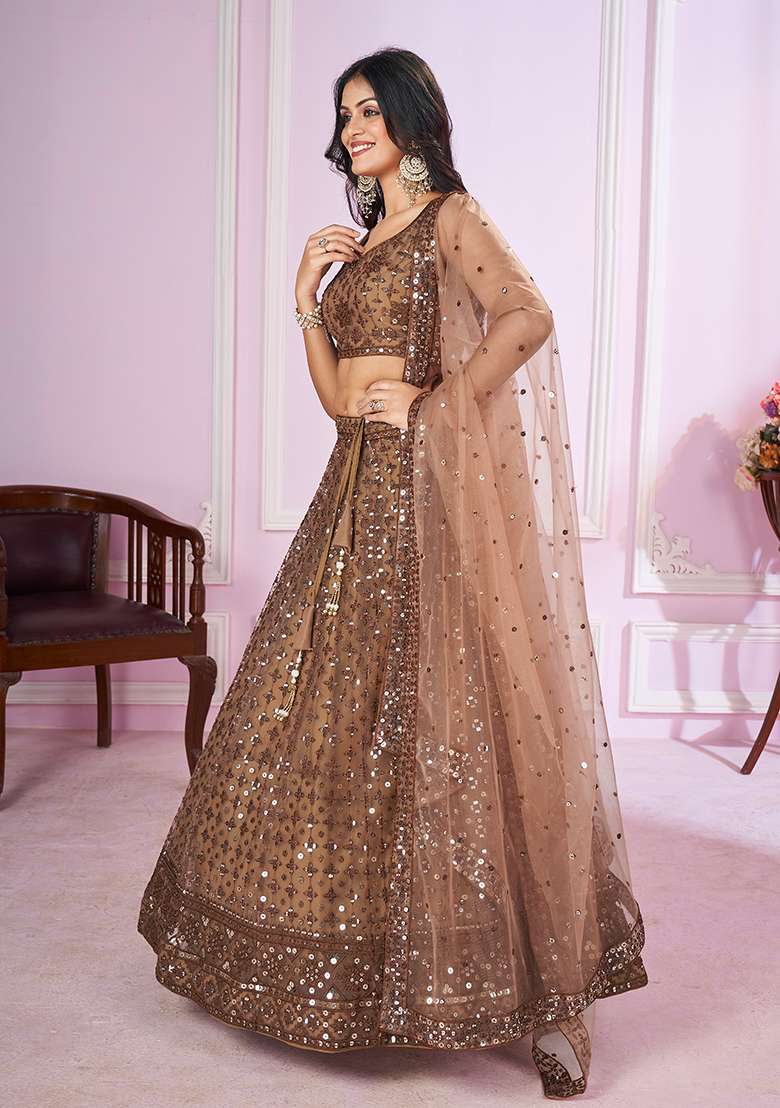 Brown Net Lehenga Set with Embroidered & Sequin for Diwali | Wedding & Festive Wear - Indya