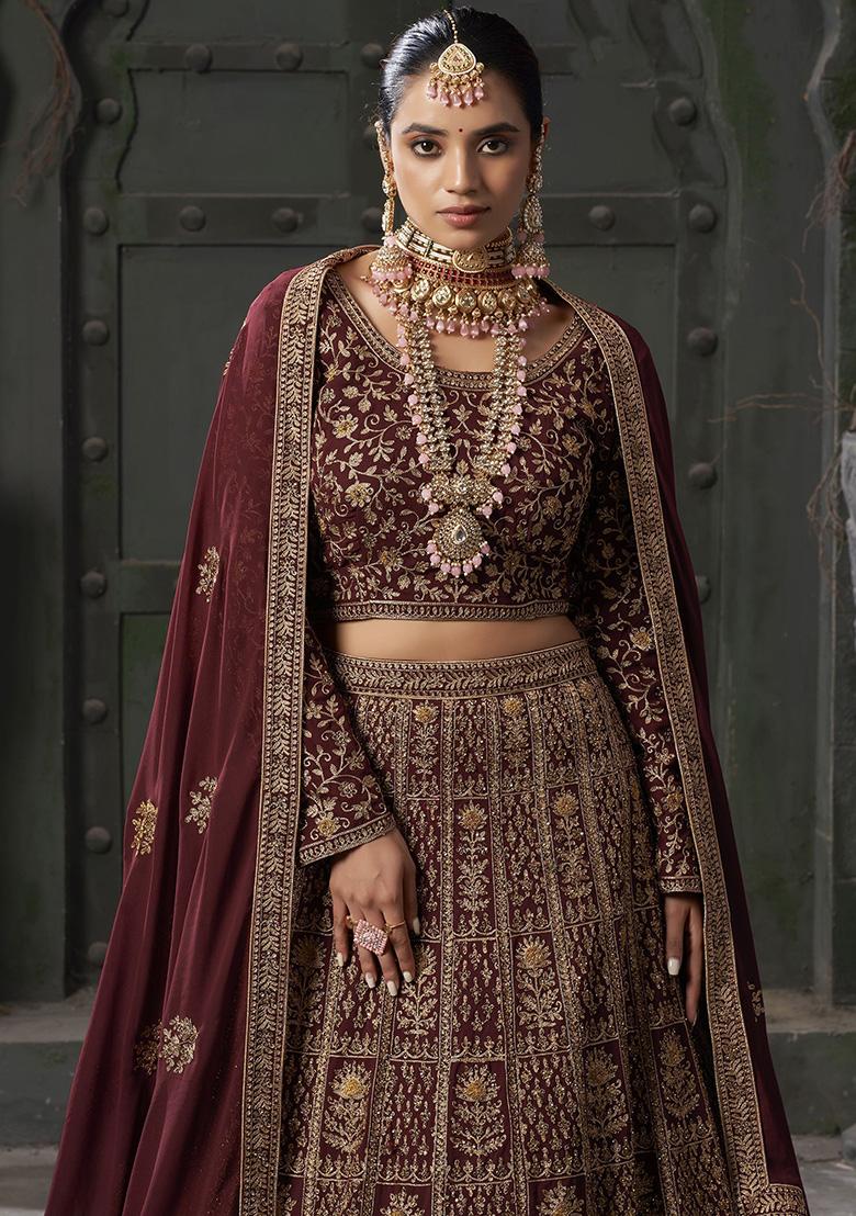 Maroon Embroidered Georgette Lehenga Set