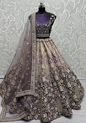 Purple Embroidered Velvet Lehenga Set