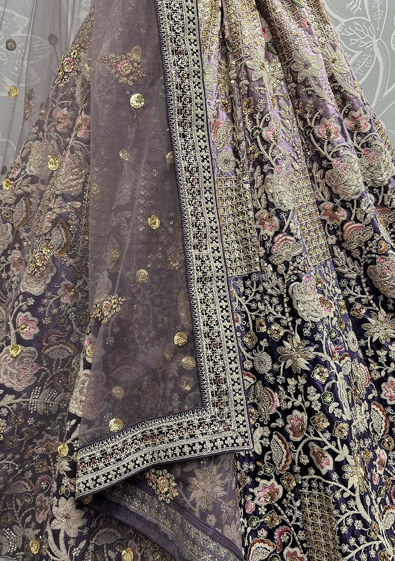 Purple Embroidered Velvet Lehenga Set