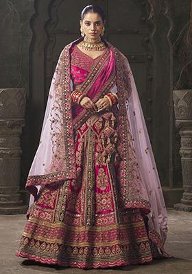 Pink Embroidered Velvet Lehenga Set