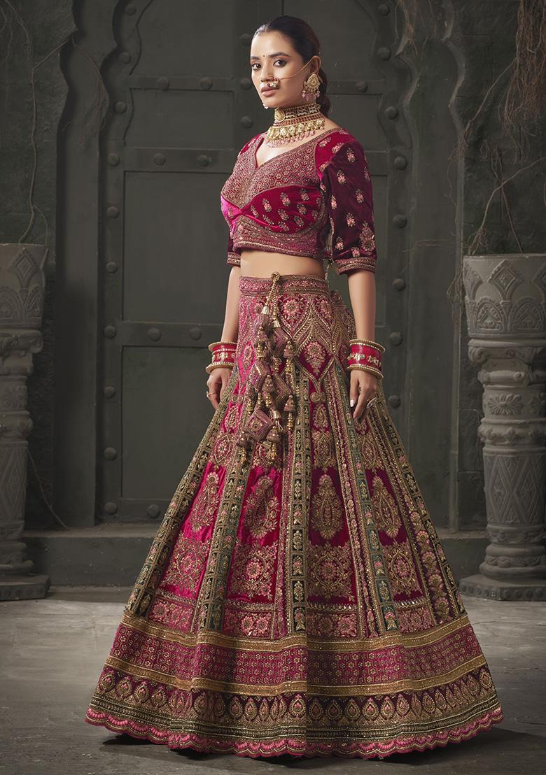 Pink Embroidered Velvet Lehenga Set