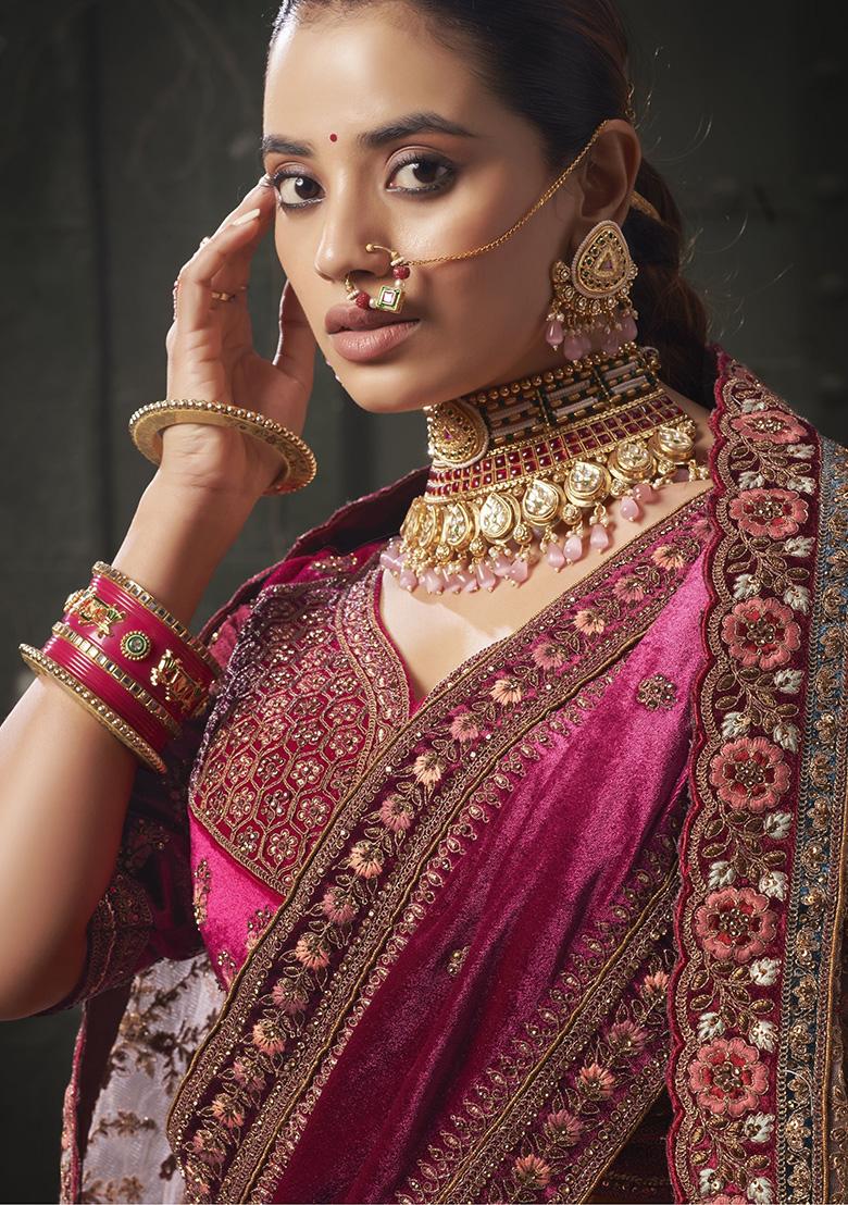 Pink Embroidered Velvet Lehenga Set