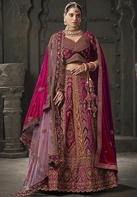 Pink Embroidered Velvet Lehenga Set