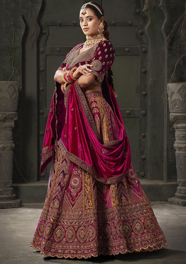 Pink Embroidered Velvet Lehenga Set